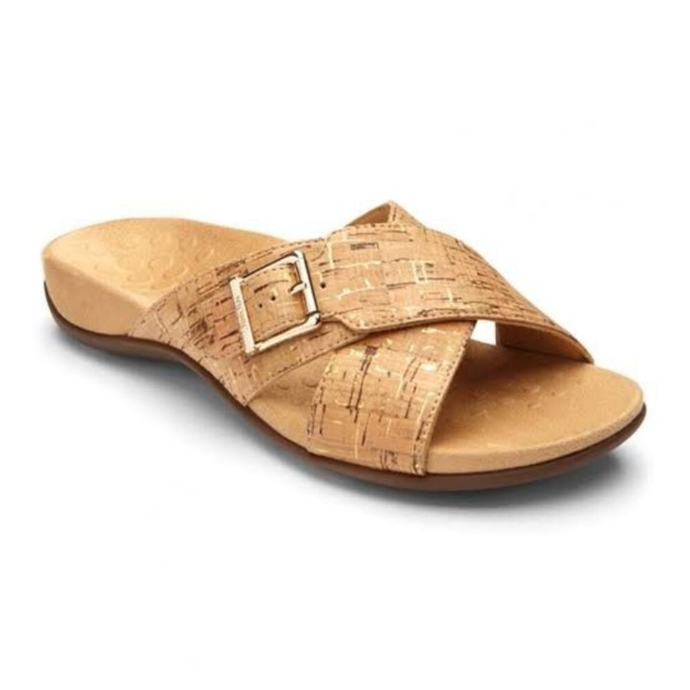 Vionic Dorie Slide Cork Comfort Sandals Sz 7 Tan Gold Buckle Double Cross Strap